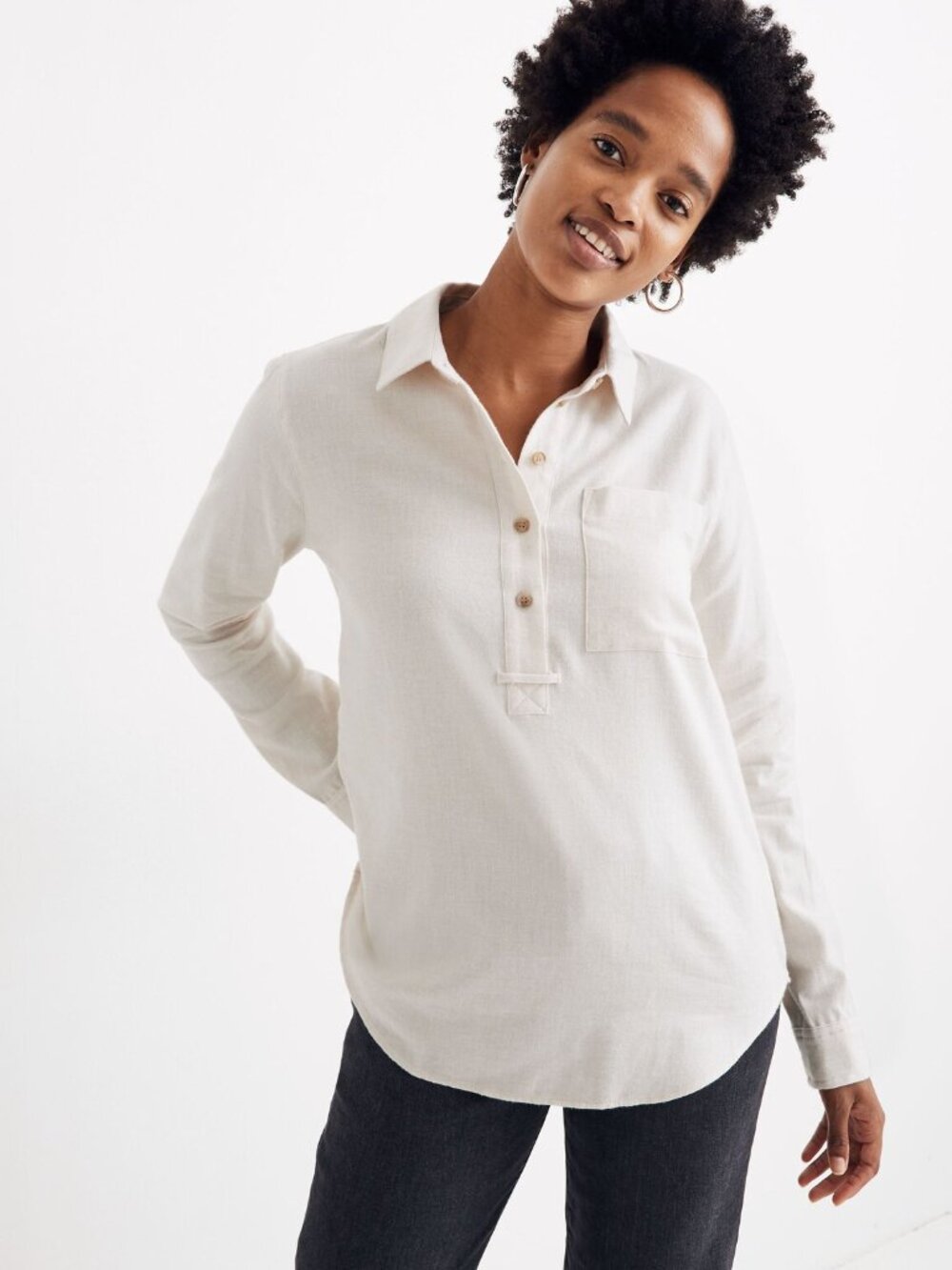 Madewell - Flannel Classic Ex-Boyfriend Popover Shirt | Heather Oatmeal | XXS